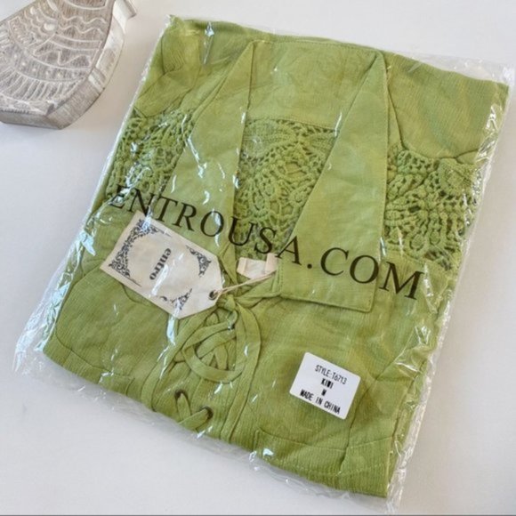 Entro | Vetiver Lace Up Crochet Back Top Lime Green New Crinkle Hi Low Medium - Picture 12 of 13